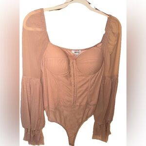 Miss Lola Blush Tan Long Sleeve Bustier Bodysuit